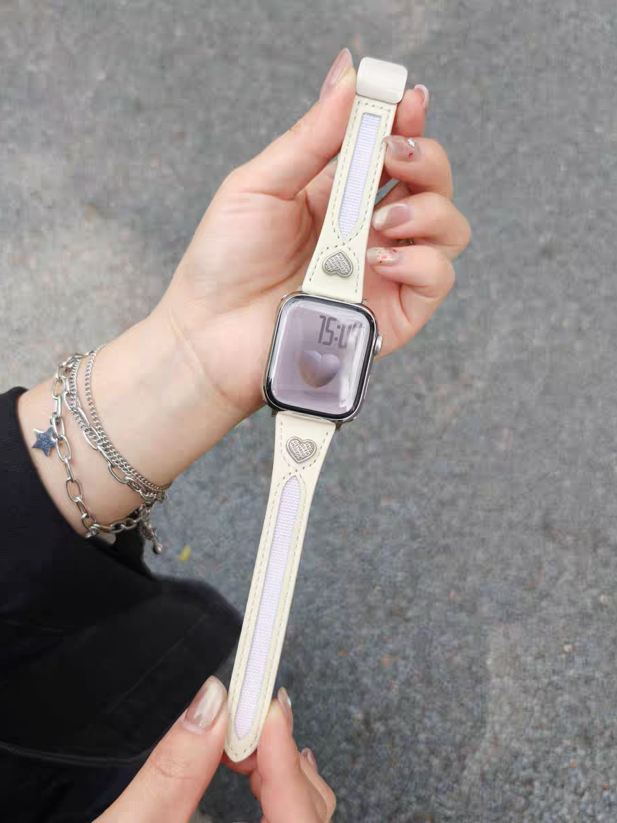 Suitable for the entire Apple Watch series, heart-shaped hollow genuine leather strap, magnetic clasp adjustment, suitable for women