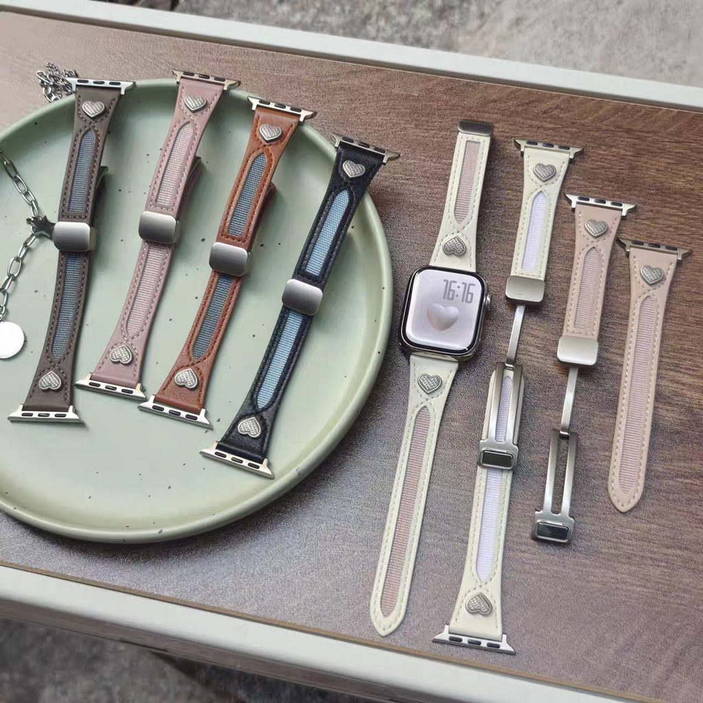 Suitable for the entire Apple Watch series, heart-shaped hollow genuine leather strap, magnetic clasp adjustment, suitable for women